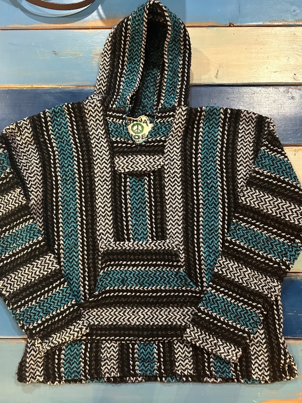 Baja Joe Baja Hoodie Drug Rug Mexican Woven Pullover Black Teal White Small